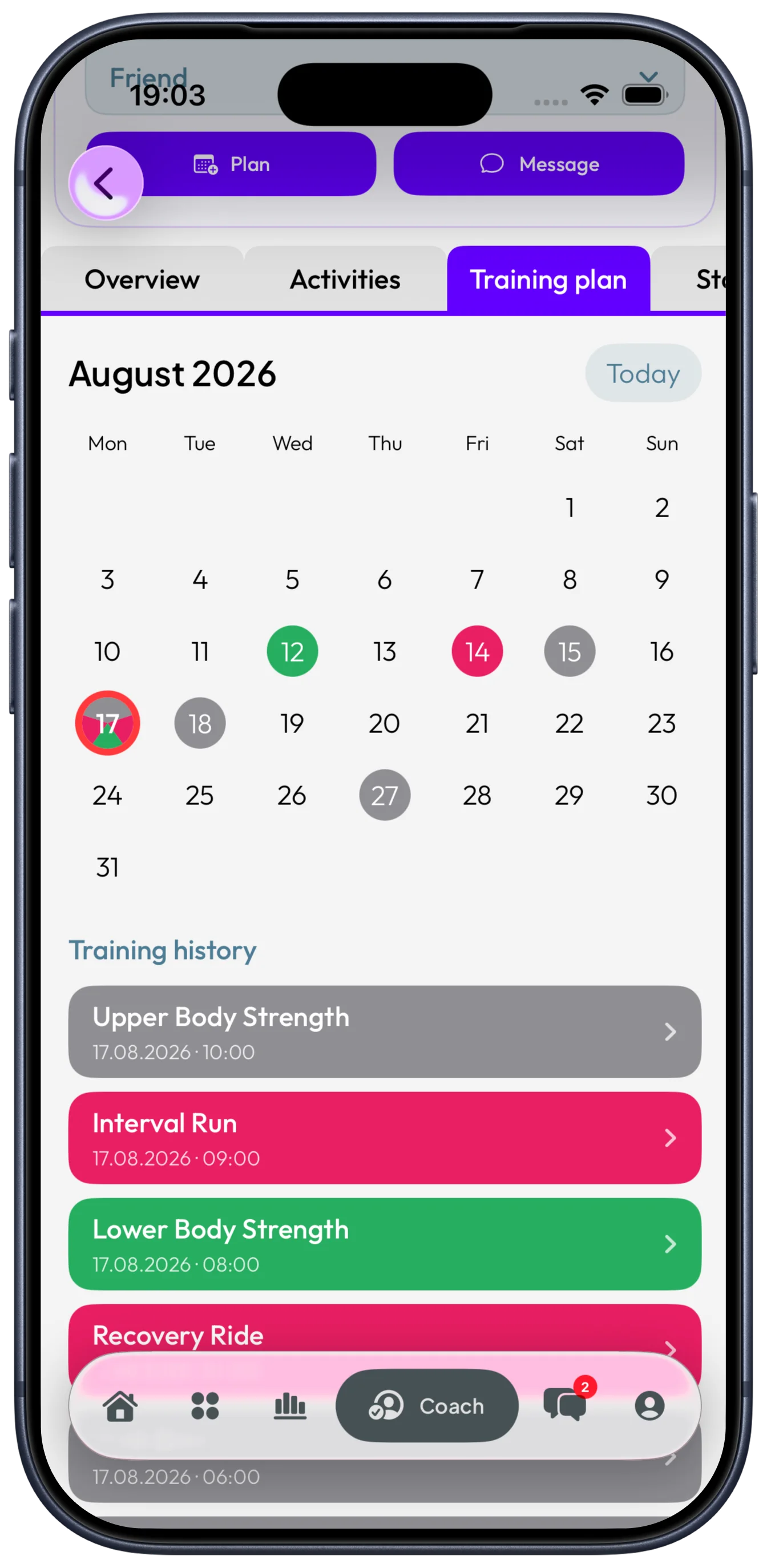 Trainingsplan einer Athletin oder eines Athleten in der Coach-Ansicht